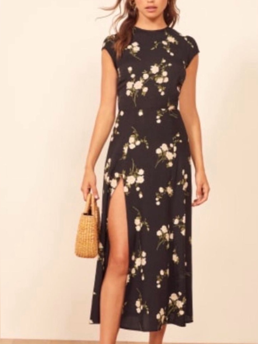 Reformation Floral Midi Dress Black Ivory Floral Flutter Sleeve Romantic